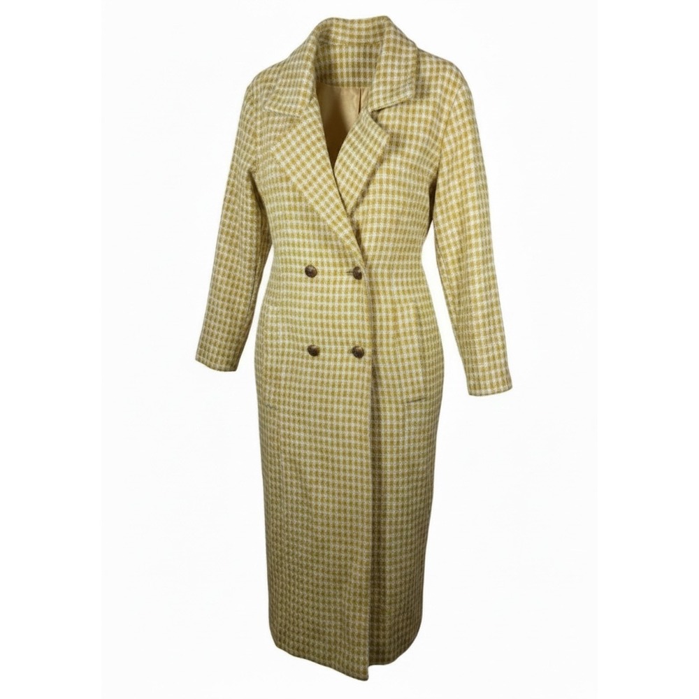 Vintage Yellow Houndstooth Coat Jacket Tweed Long L Double‎ Breasted Retro READ